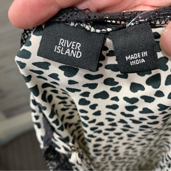 RIVER Island Slip Dress Cream Black Hearts Prints Lace Night Lounge wear Sz 14 - Picture 11 of 12